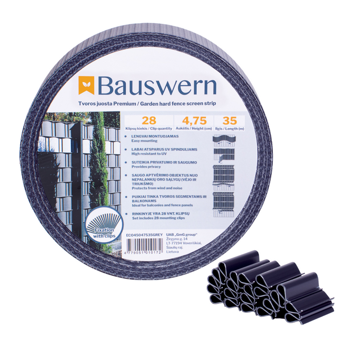Bauswern ECO Privacy Screen Strips 35 x 0,0475 m (450 g/m²) + 28 clips, RAL7016 (Grey)